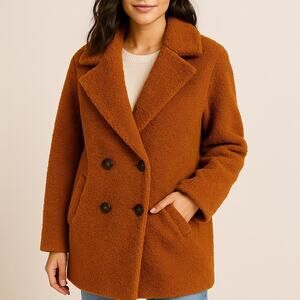 French Connection Camel Teddy Coat | Faux Shearling Double-Breasted Jacket